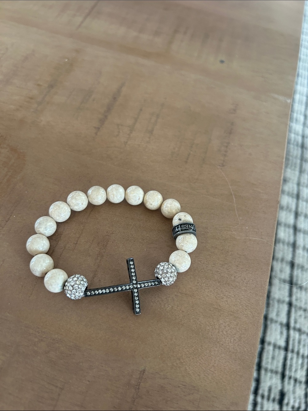 ICON Cream Beaded Stretch Bracelet with Black Pave Cross